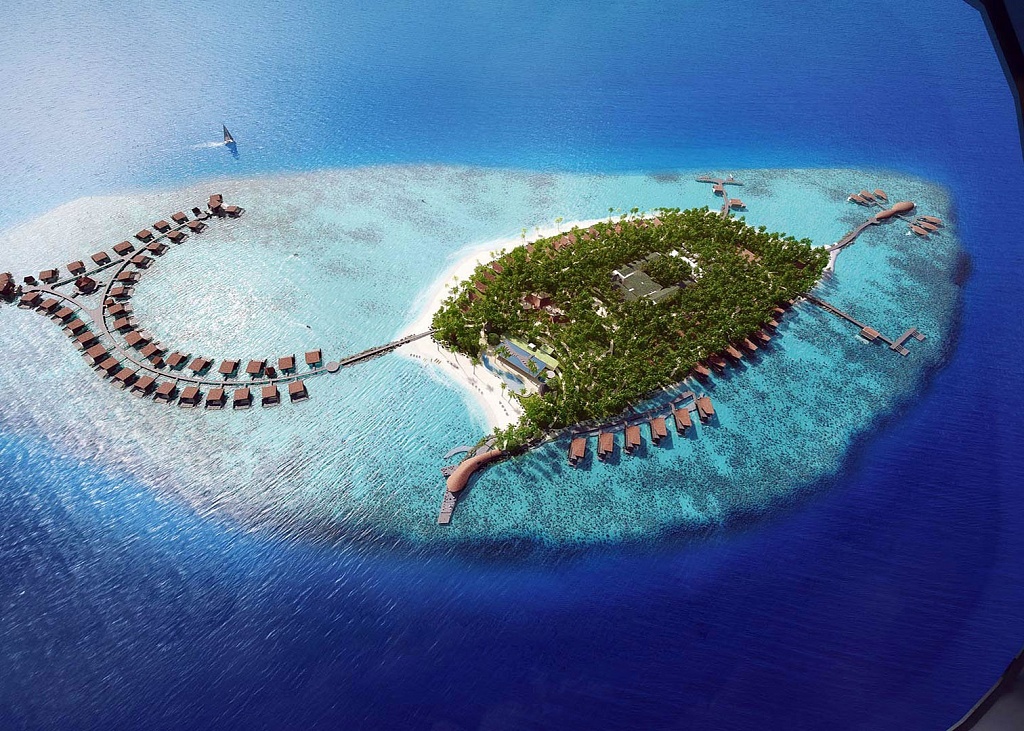 Мальдивы St Regis Maldives. Необычные острова. Мальдивы отели вид сверху. Острова необычной формы.